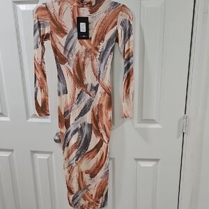 Fashion Nova Artistic Long Sleeve Dress - Cream, Brown, Gray